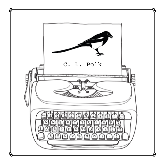 a line drawing of a midcentury typewriter. the sheet of paper caught in its rollers has a drawing of a magpie and "C. L. Polk" typed just underneath it.